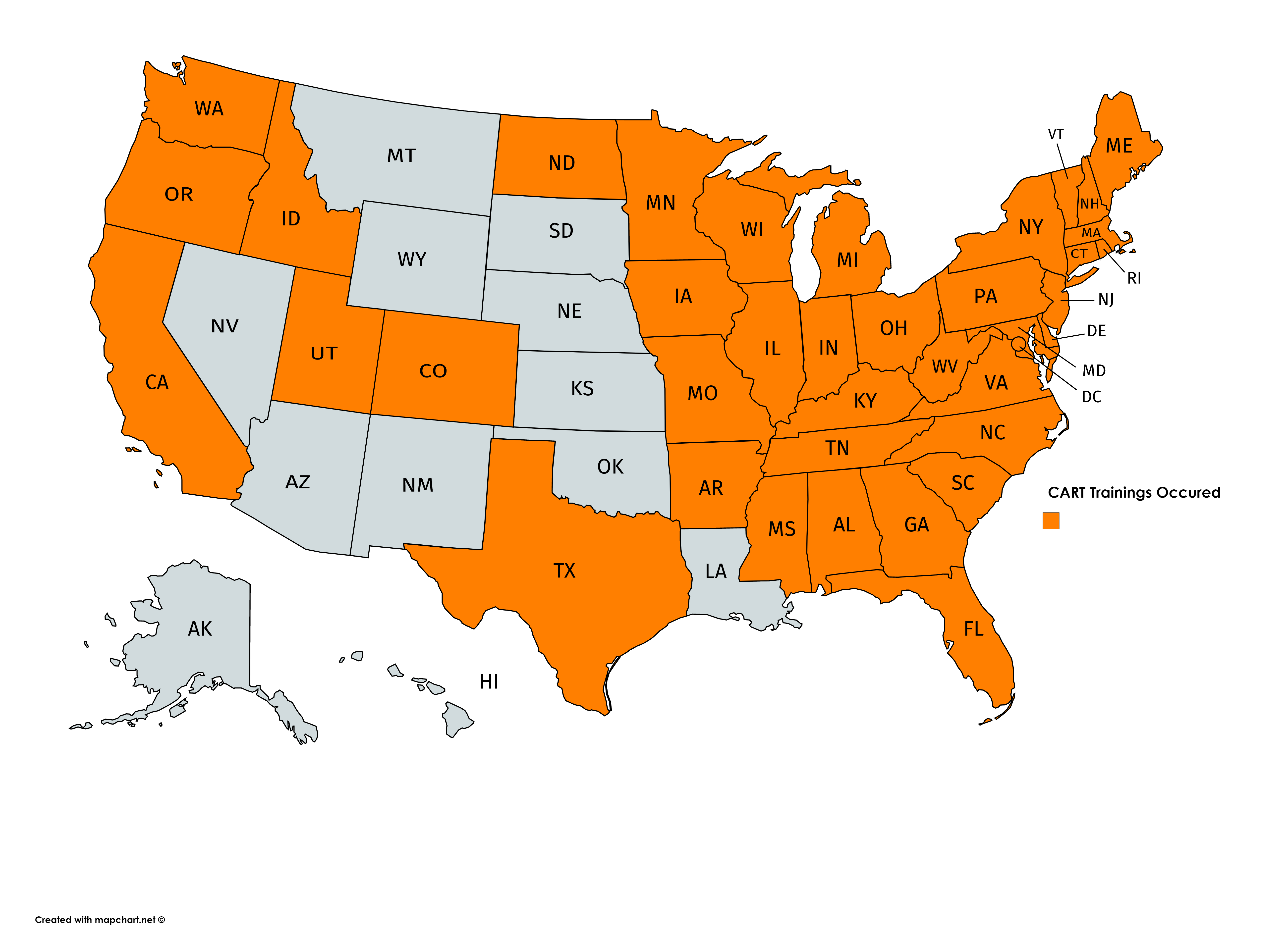 Orange & Gray Map of the US where CART Trainings have occured