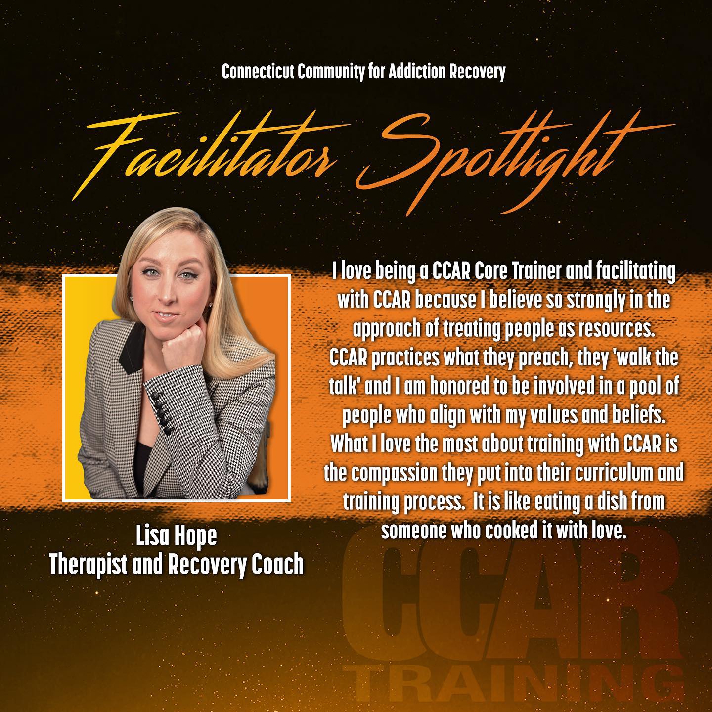 This week we are spotlighting Lisa Hope! Lisa is an art therapist, a recovery coach, and one of our core trainers. Lisa, thank you for everything you do! 🙏🏻🙌🏻👏🏻

#recovery #recoverycoach #recoverycoaching #recoveryispossible #recoverycoachingworks #recoverymatters #virtuallearning #onlinetraining #trainer #facilitator #peersupport #webinar #webinars #wecanrecover #recoveryjourney